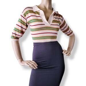 Retro 70s V-Neck Polo Half Sleeve Cropped Blouse by In The Beginning